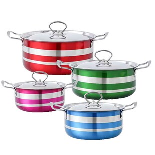 跨境不锈钢八件套彩色套锅20-26CM加厚复底汤锅十件套Cookware