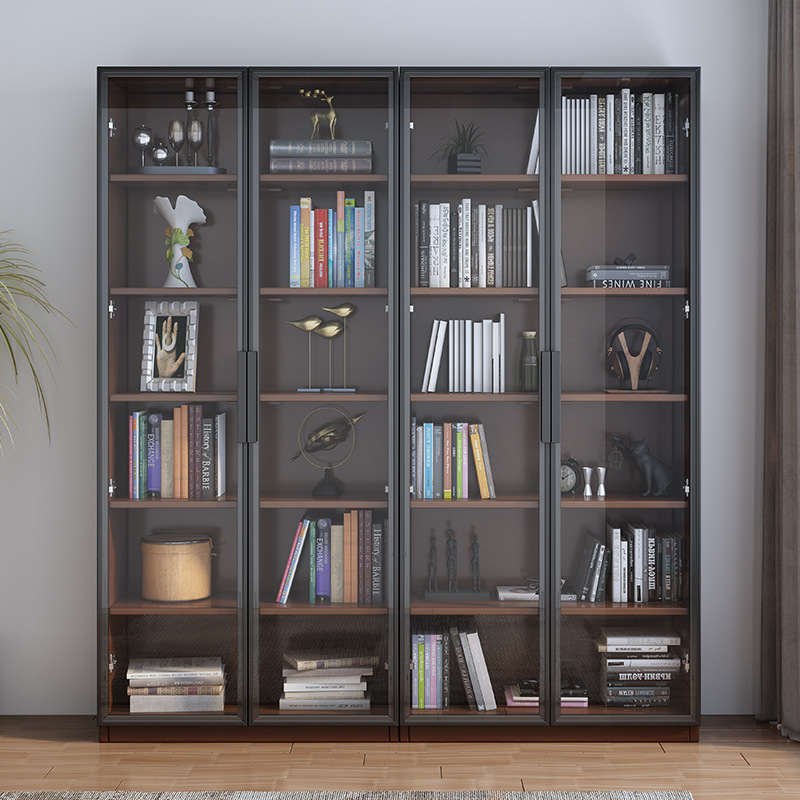 现代简约玻璃门全实木书柜 落地整墙客厅书橱 靠墙书架摆件展示柜
