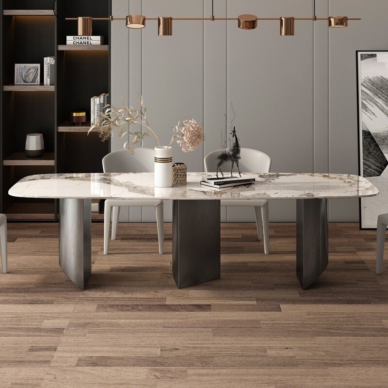 意式轻奢天然岩板餐桌现代简约家用饭桌椅大理石不锈钢脚长方形