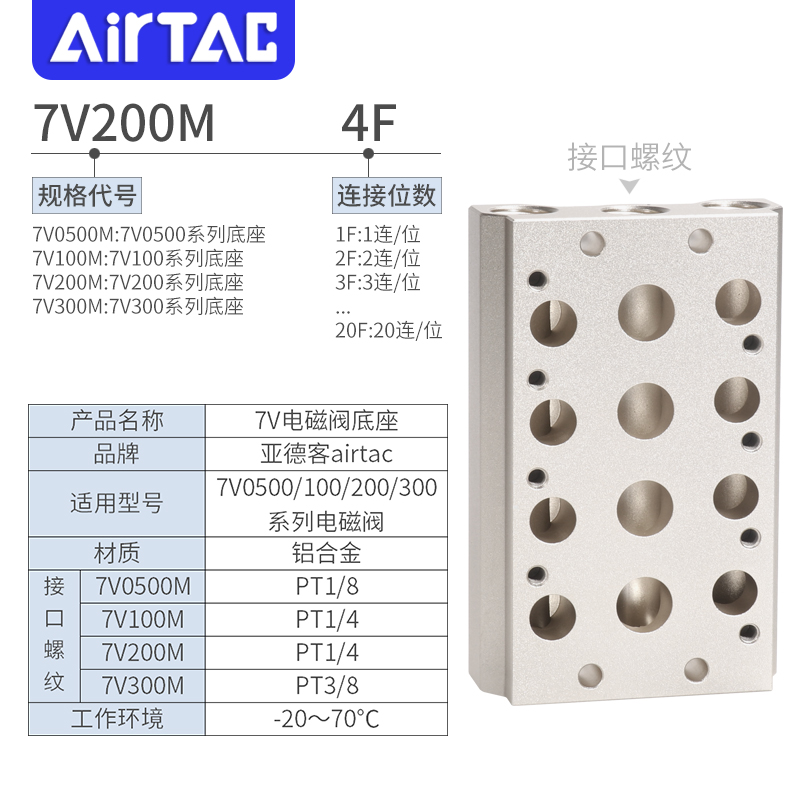 亚德客电磁阀汇流板底座7V0500M100M200M300M2/3/4/5/6/7/8/9F