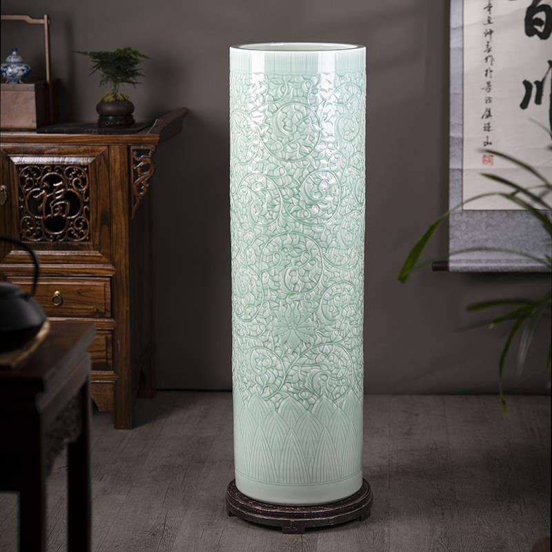 轻奢简约浮雕青釉落地大花瓶箭筒景德镇陶瓷客厅酒店中式装饰摆件