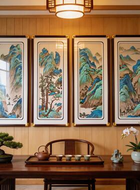 千里江山图织锦绣四联新款中国风山水风景装饰画端茶室刺绣挂画