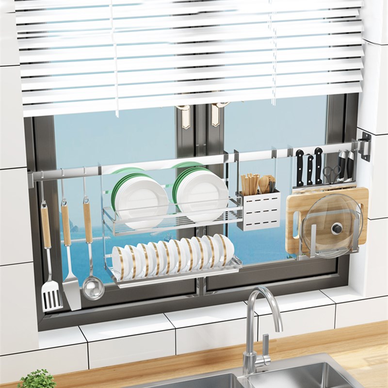 不锈钢厨房窗户窗台置物架壁挂墙上挂杆碗盘水槽沥水收纳层架多功