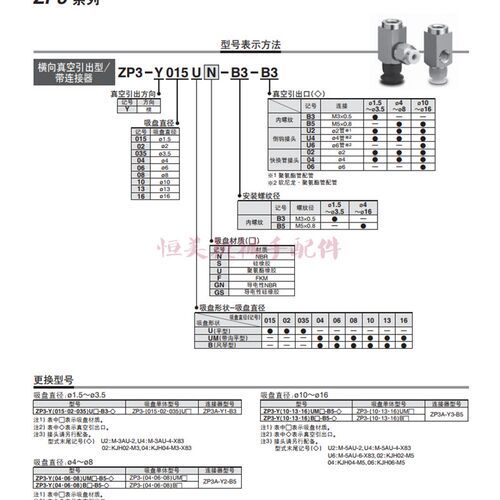 SMC真空吸盘侧接管 ZP3-Y015/Y02/Y035UN/US-B3-04/U4-B3 Y015US