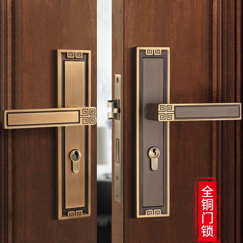 纯铜新中式房门锁室内卧室磁吸静音家用中式木门锁实木门把手通用