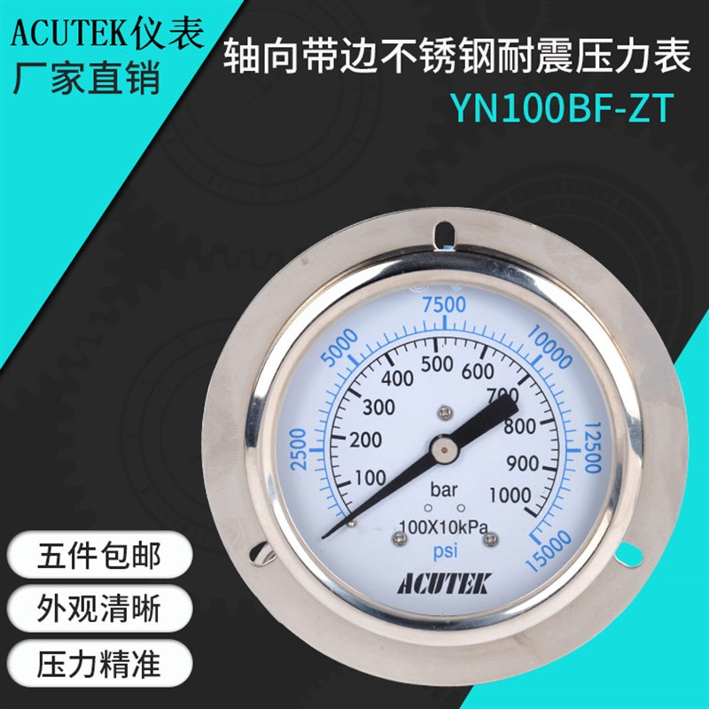轴向带边不锈钢耐震压力表 原装出口 YN100BF-ZT 1000bar NPT1/2