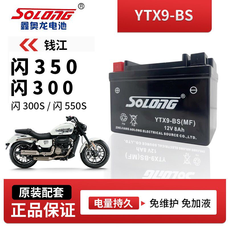鑫奥龙免维护电瓶适用钱江闪350/S 闪300/S摩托车电池BS品牌配件图片