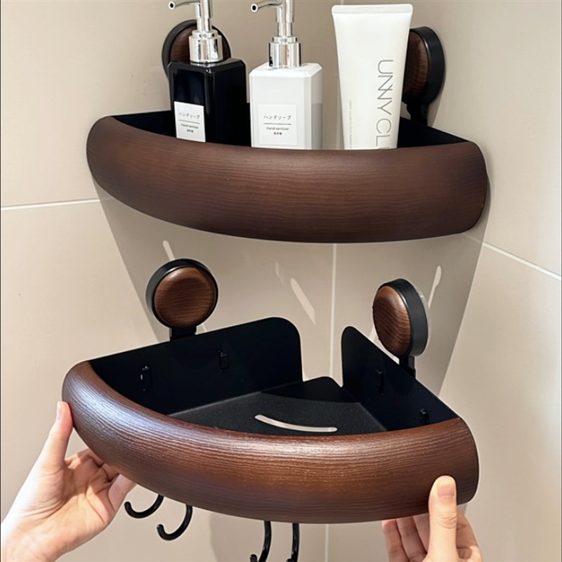 MOMO中古风置物o架免打孔三角转角吸盘壁挂式木纹沐浴收纳架PH