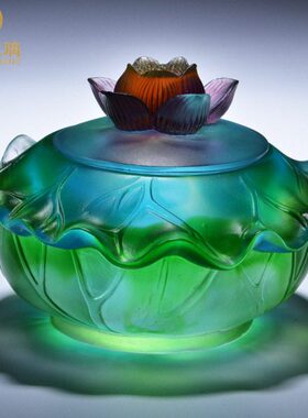 荷叶琉璃聚宝盆摆件荷花存钱罐家用玄关现代轻奢桌面玻璃工艺礼品