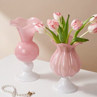 法式中古芬顿高脚杯琉璃花瓶摆件客厅轻奢高档创意插花水养郁金香