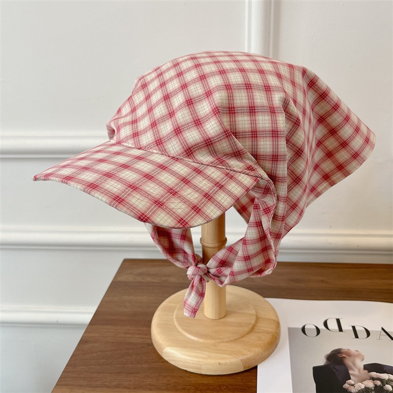 2025年新款韩系格纹绑带遮阳鸭舌帽韩系个性女包头头W巾防晒帽子