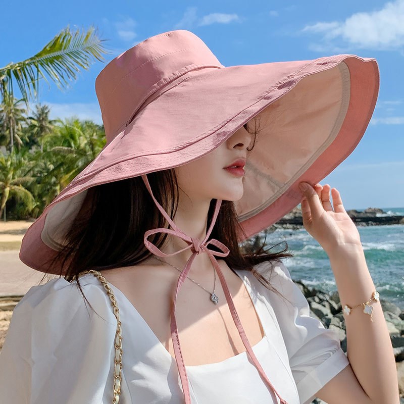 18超大檐双面h渔夫帽女夏季韩版遮脸遮阳帽防晒防紫外线太阳帽子