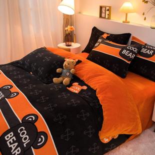 加厚牛奶绒床上四件套双面珊瑚绒被套宝宝法兰加绒床单三件套 冬季