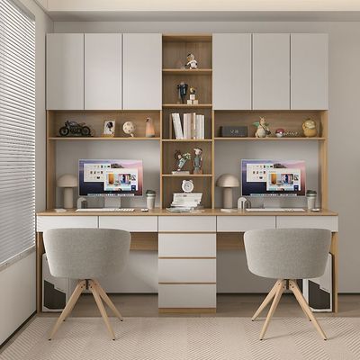 定制双人位书桌现代简约写字台书柜一体组合带书架电脑桌子小户型