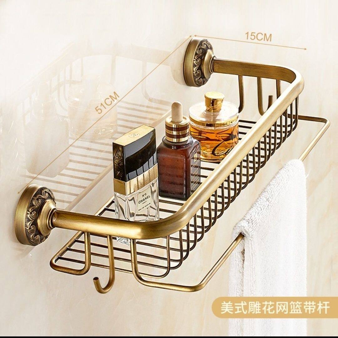 全铜毛巾架免打孔卫生间置物架仿古浴巾架欧式复古浴室挂件套装