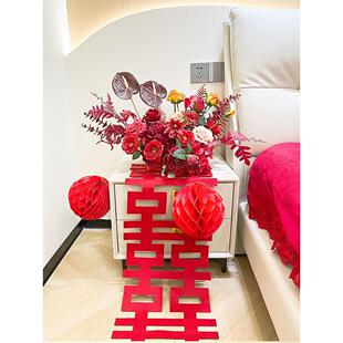 婚礼红色仿真花成品发货布置客厅茶几摆件结婚新房男方床头假花艺