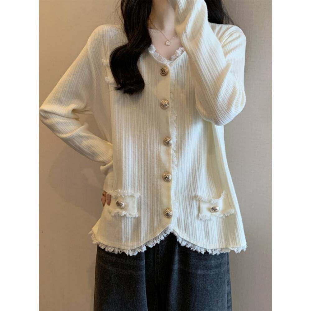 6600LYT法胖式大别致v领小2香风针织开衫女025秋冬码mm独特毛衣外