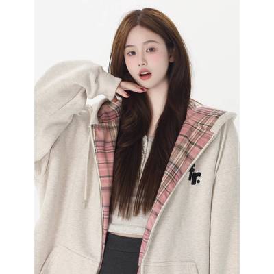 TY 加绒连帽卫衣LJV外套女秋季2025HR韩Y系慵懒格纹拉链帽衫宽松