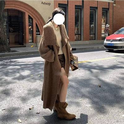 慵懒大大BHV翻高领厚中长款羊毛针织开衫女加秋冬季新款领外套宽