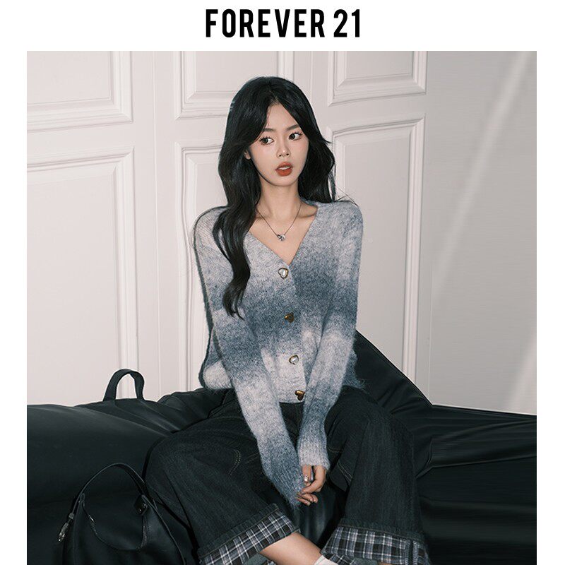 Foeve糯r21设计r感灰白撞色针外织开衫女别致V领毛衣套宽松GK-Y20