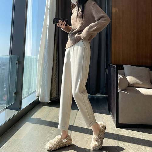 加绒西毛呢裤子女秋冬季小个子高腰装休闲九宽松直YL-8277筒裤八