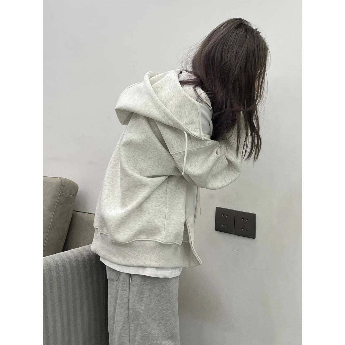 纯棉美式薄复古拉链开衫灰卫衣女2205新款春PFP秋季款加绒连色帽