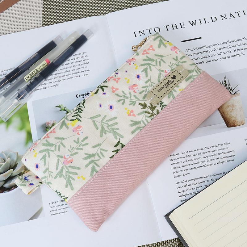 双层学生简约清新儿童铅笔文具盒纯色帆布多功能女布艺扁平铅笔袋