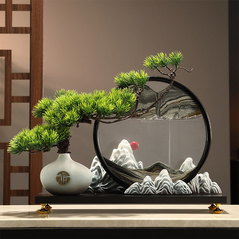 迎客松新中式客厅摆件高端大气上档次角几电视柜家俱流沙画装饰品