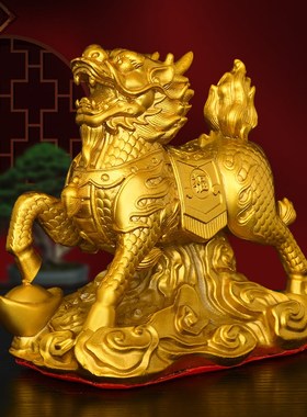 黄铜财福麒麟摆件元宝火麒麟瑞兽一对乔迁生日送礼铜公母麒麟神兽