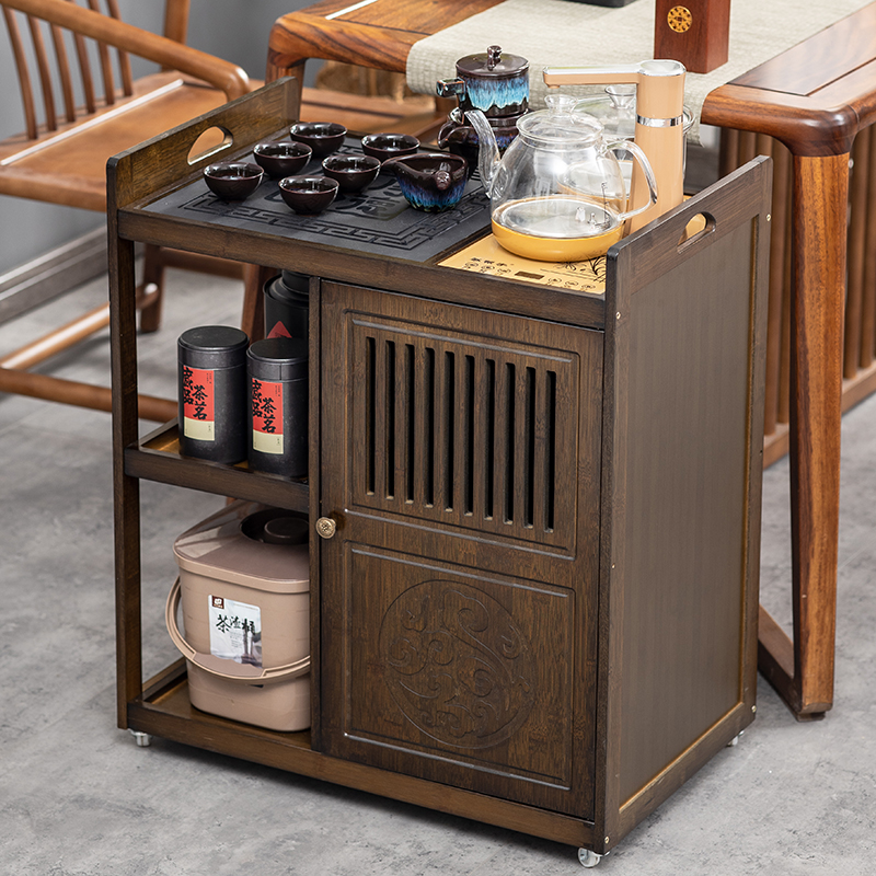 移动茶水柜小茶台茶吧桌边柜置物架实木下置水桶烧水壶一体茶柜子