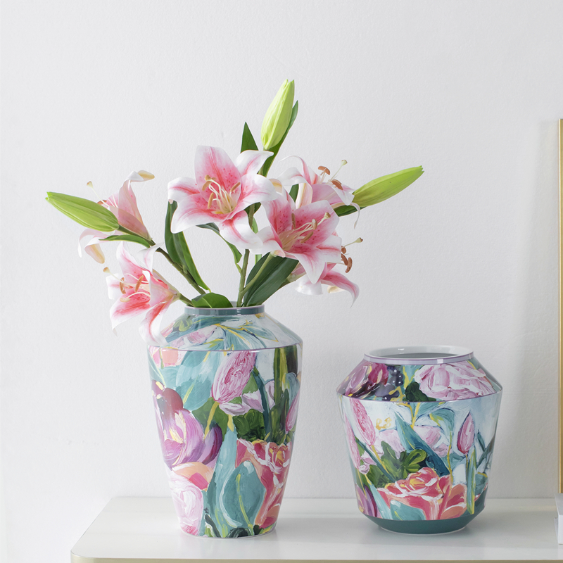 柏梵现代欧式田园油画玫瑰陶瓷花瓶茶几玄关餐桌插花装饰摆饰