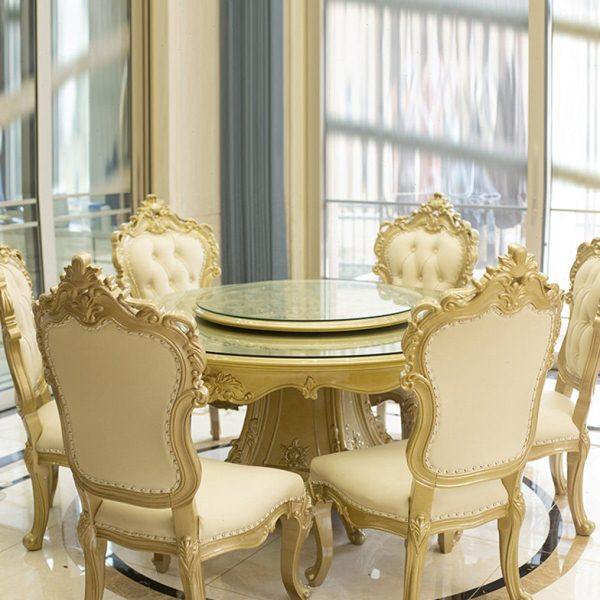 欧式圆餐桌椅组合实木雕花桌面钢化玻璃豪华烤漆香槟色别墅家具
