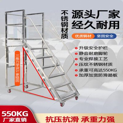 不锈钢可移动登高车带轮取货上货平台梯仓库理货超市货架式登高梯