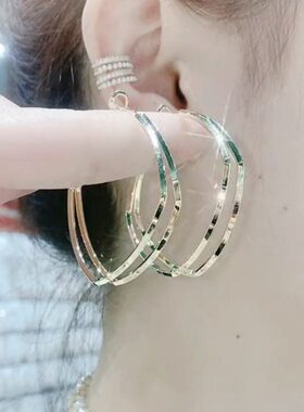 S925银针方形耳圈2024年新款潮网红夸张大气菱形耳圈耳坠女耳饰