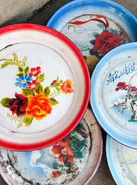 搪瓷茶盘子托盘怀旧民俗老物件老旧盘子平盘复古摆件影视道具