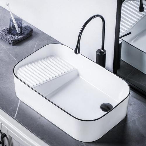 台上洗衣盆侧下水 左右边带搓衣板60cm陶瓷大号长家用一体洗衣槽