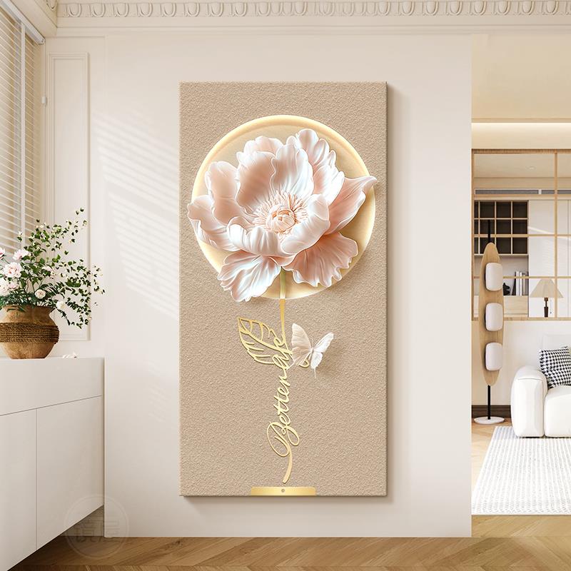 奶油风玄关装饰画立体花卉轻奢高级感挂画新中式入户走廊过道壁画图片