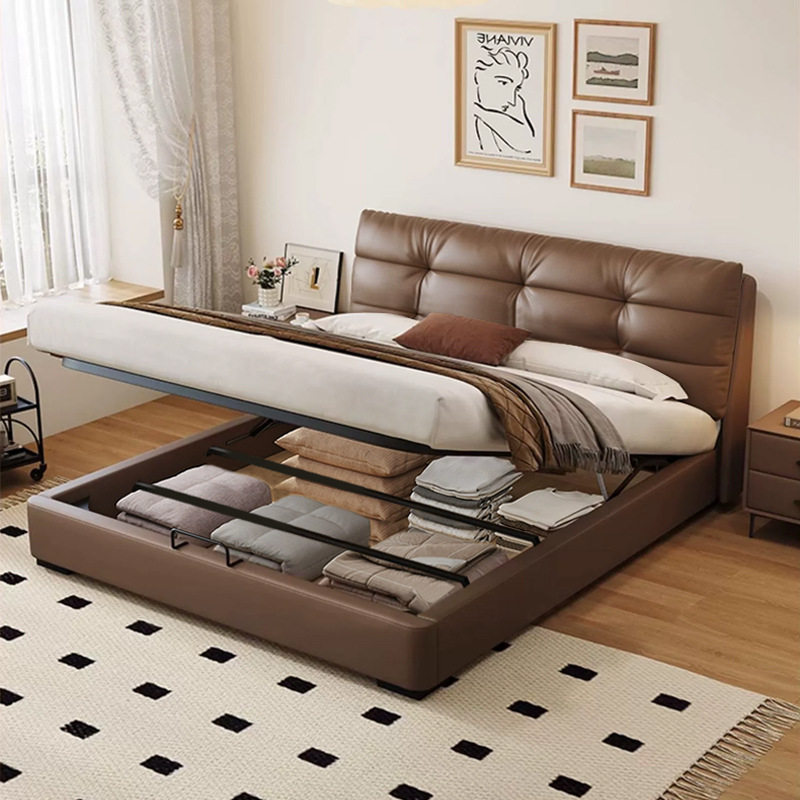 真皮主卧床高端意式极简气压带抽屉高箱储物床头层牛皮软包双人床