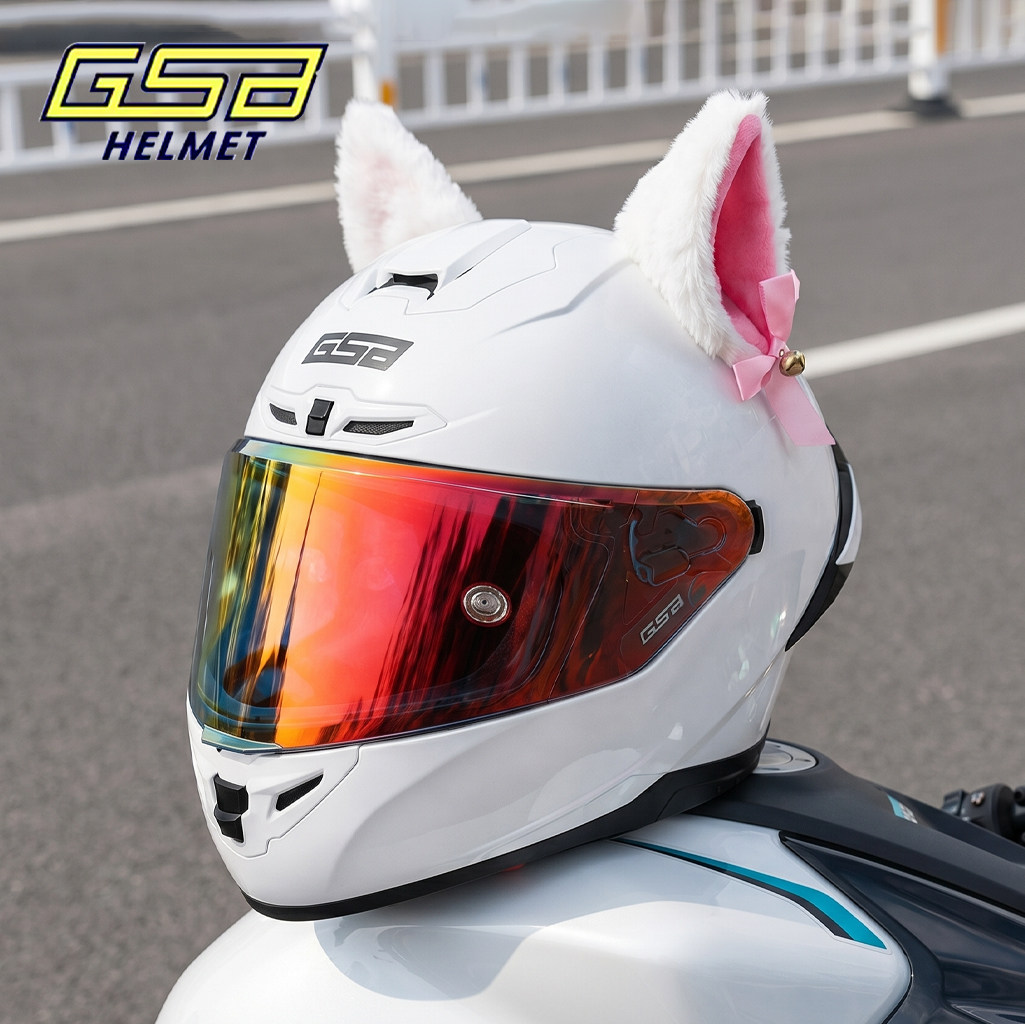 gsb361gt摩托车头盔女夏季猫耳朵白色机车四季通用3C认证骑行全盔
