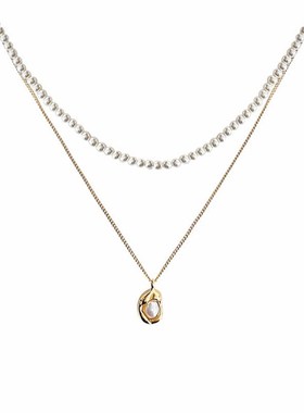 双层叠戴玻璃珍珠项链时尚气质网红豌豆淡水O珍珠吊坠高级感链颈