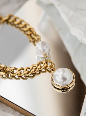 夸张金色粗链大珍珠项链  欧美潮人网红时尚设Q计感脖子饰品锁骨