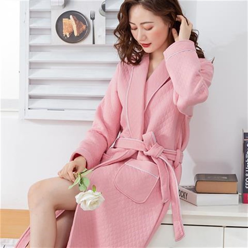 秋冬季夹层睡袍女加厚睡衣100%纯棉保暖女士P冬天中长款空气棉浴