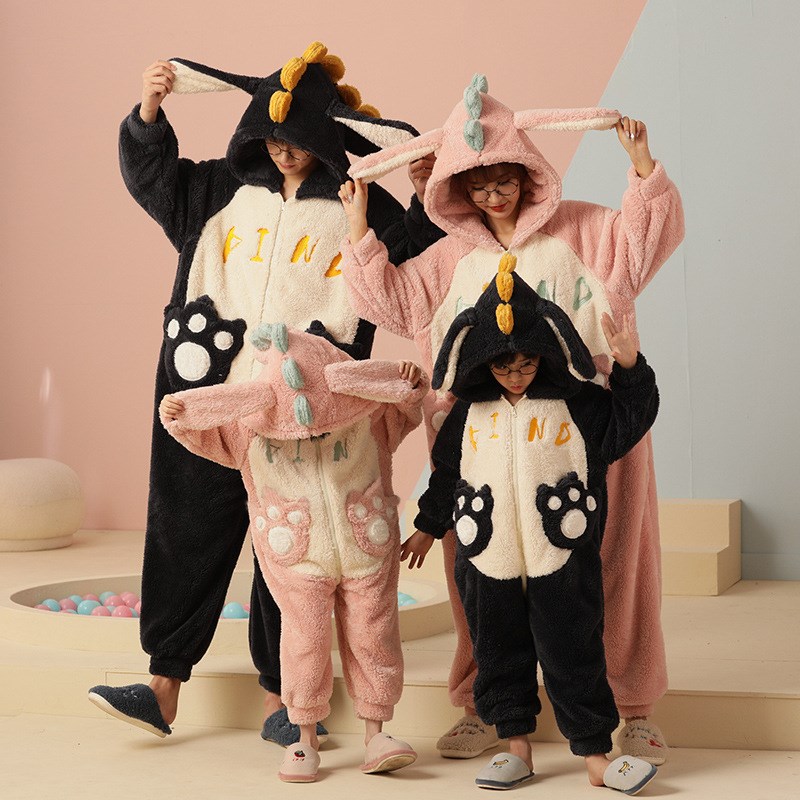 亲子珊瑚绒睡f衣可爱卡通连体睡衣秋冬新款保暖加厚连帽家居服跨