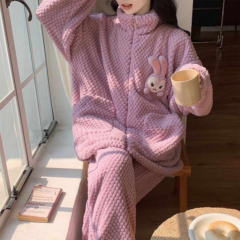 珊瑚绒睡衣女秋冬季2023新款玫瑰绒法兰绒加N厚保暖家居服套装卡