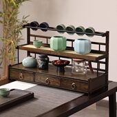 桌面博古架新中式 茶叶置物架茶杯收纳架子小型非实木紫砂壶摆放架