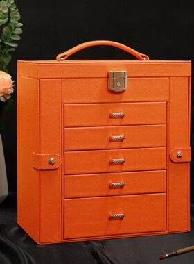 梵素姿雅真皮首饰盒收纳盒橙色耳钉带锁大容量珠宝饰品盒收纳盒