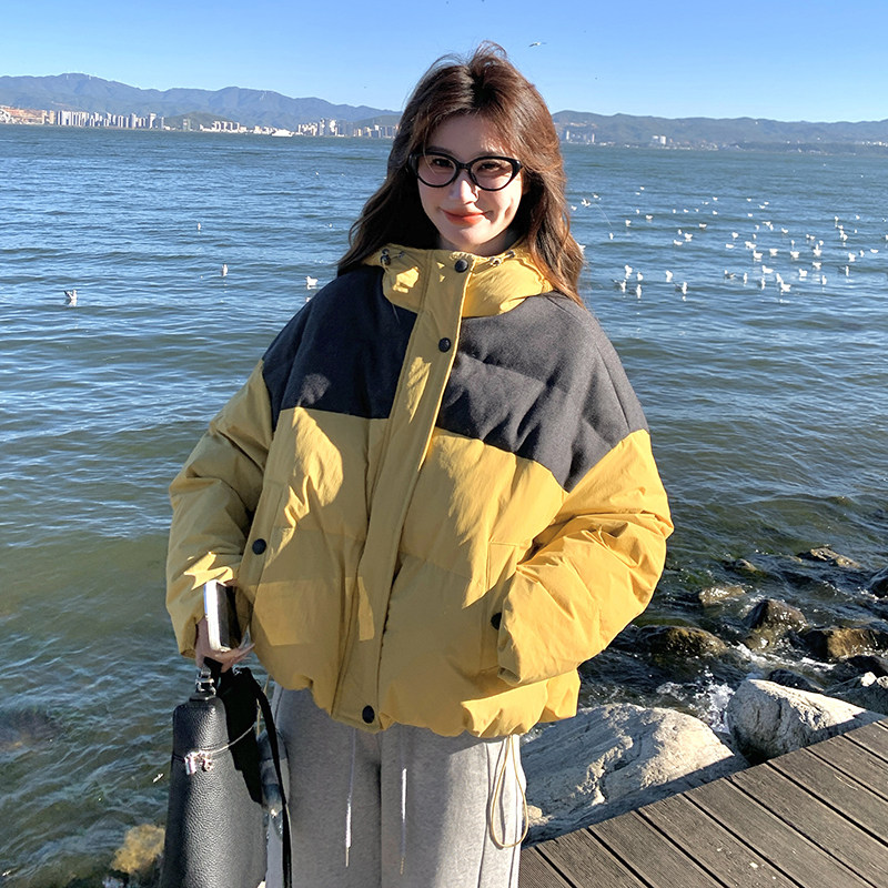 韩系宽松连帽撞色保暖羽绒服女短款90绒面包服HK6112P295K428