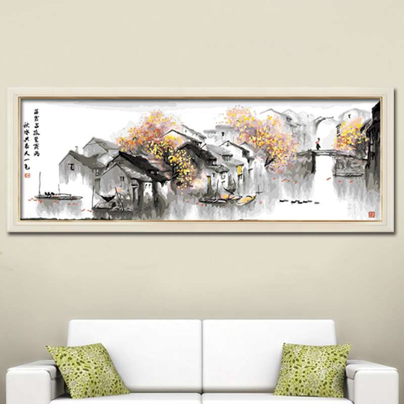数字油画 茶室书房手绘中国风装饰油画手工客厅沙发背景挂画