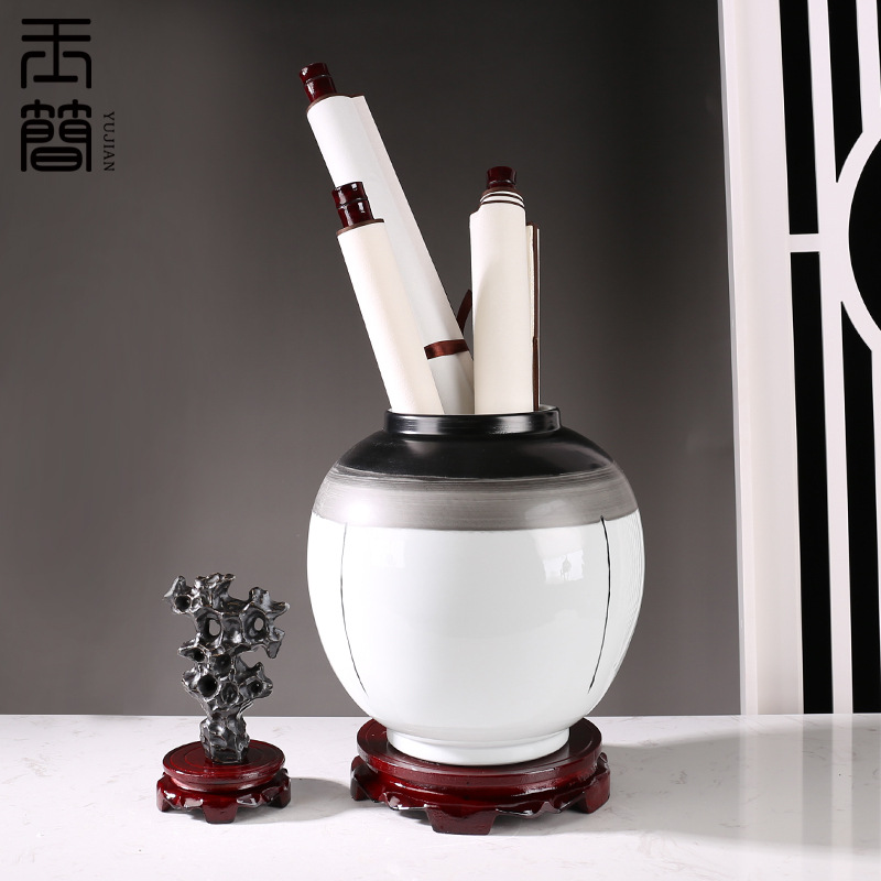 新中式陶瓷花瓶卷轴书画收纳缸样板房酒店民宿家居书房装饰摆件