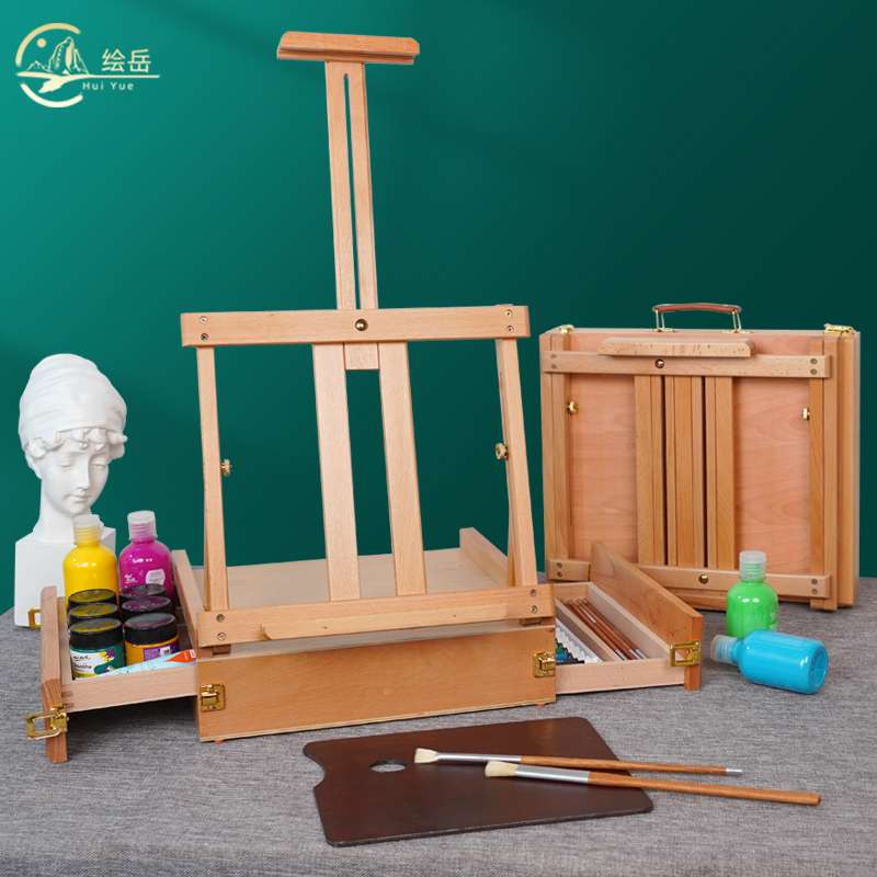 画材榉木抽屉画架木质画架画盒双层三层桌面油画箱手提画箱升降式